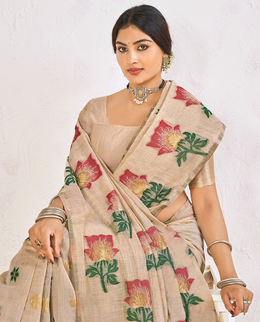 Beige Chanderi Cotton Designer Saree, Accentuated with Flower Buttas, a Piping Border, a Flower Pallu, and a Matching Blouse