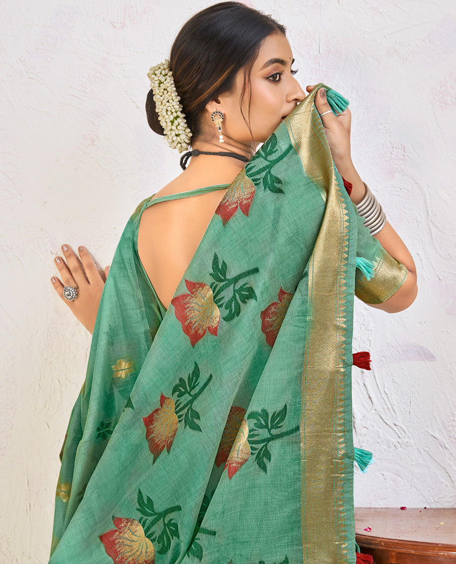 Blue Chanderi Cotton Designer Saree, Embellished with Flower Buttas, a Piping Border, a Flower Pallu, and a Matching Blouse