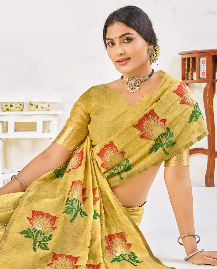 Green Chanderi Cotton Designer Saree, Ornamented with Flower Buttas, a Piping Border, a Flower Pallu, and a Matching Blouse