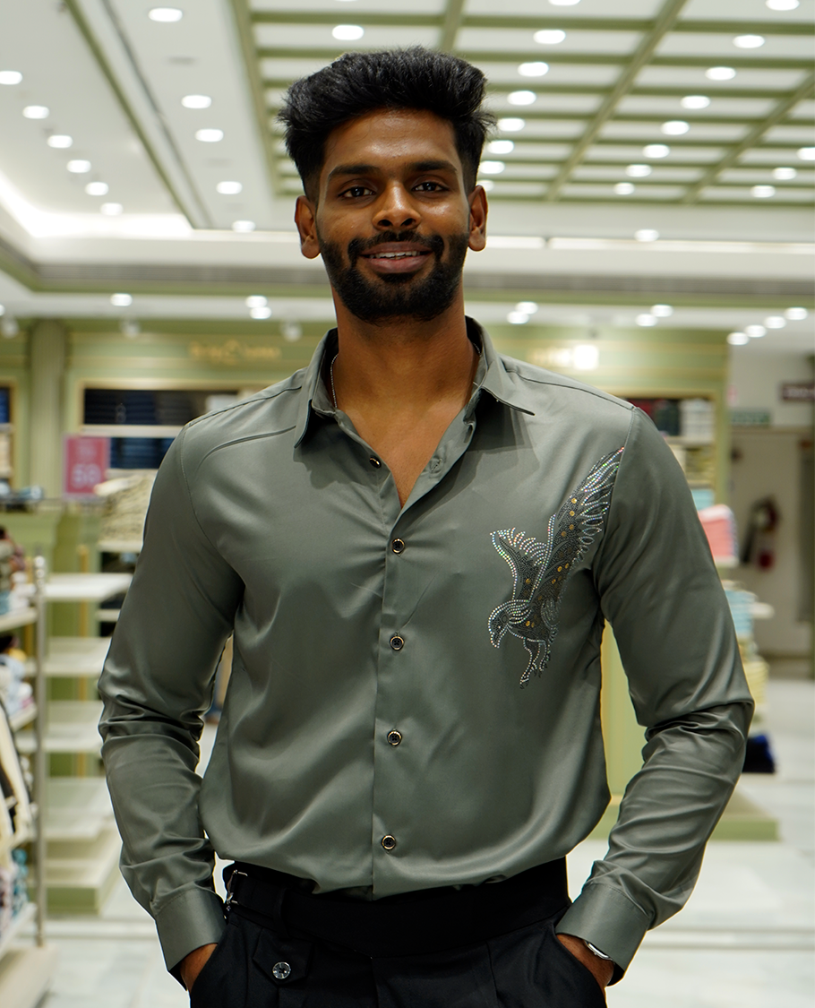 Olive Green Designer Party Wear Shirt Features Bird Embroidered, a Spread Collar, Full Sleeves, a Slim Fit, and Regular Length