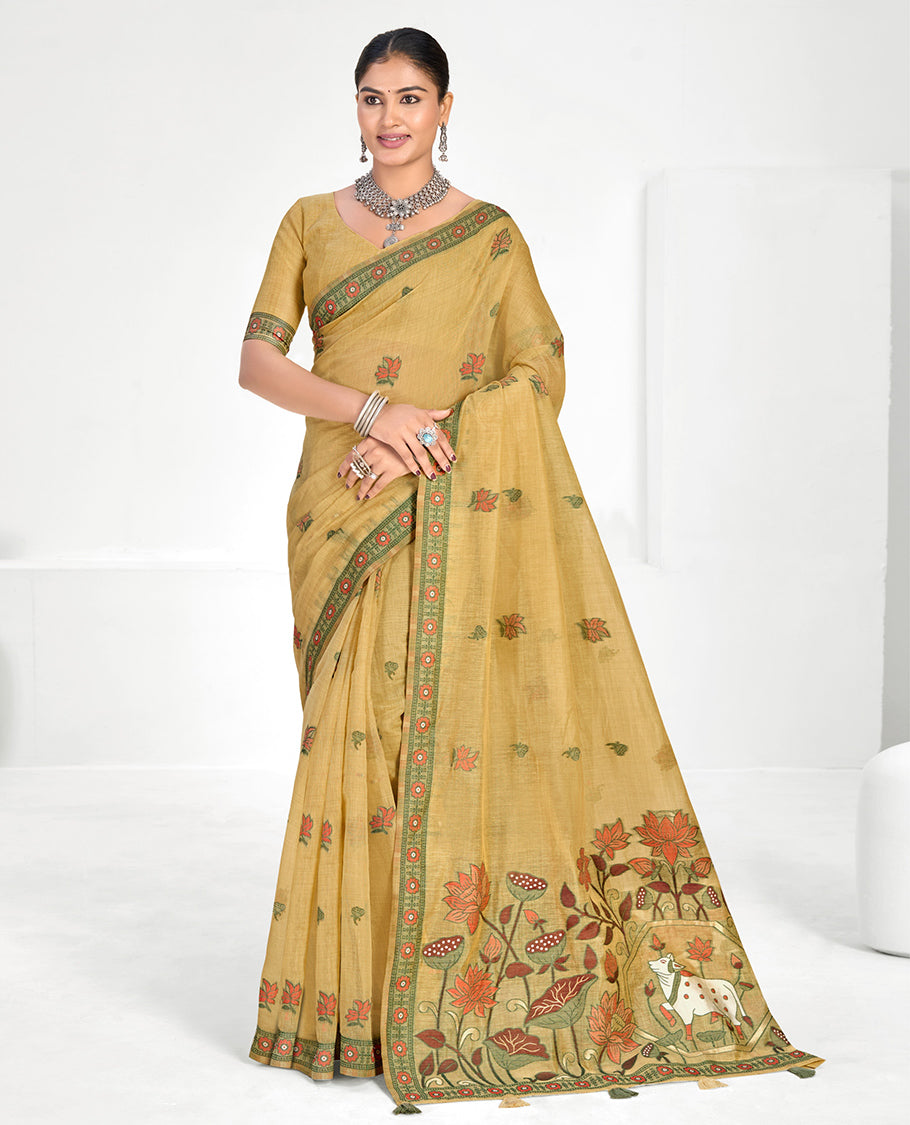Yellow Linen Cotton Designer Catalog Saree