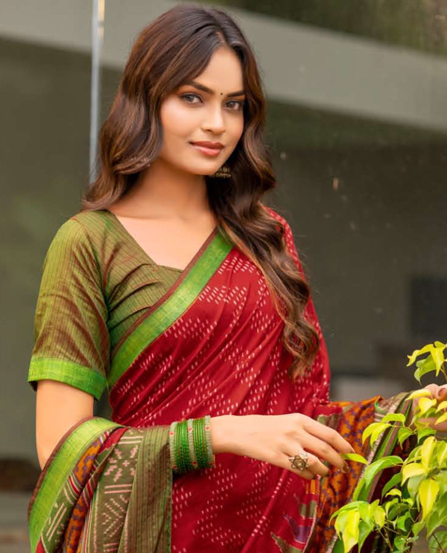 Red Dobby Buttas Fancy Raw-Silk Designer Catalog Saree, a Contrast Geometric Border, a Contrast Blouse