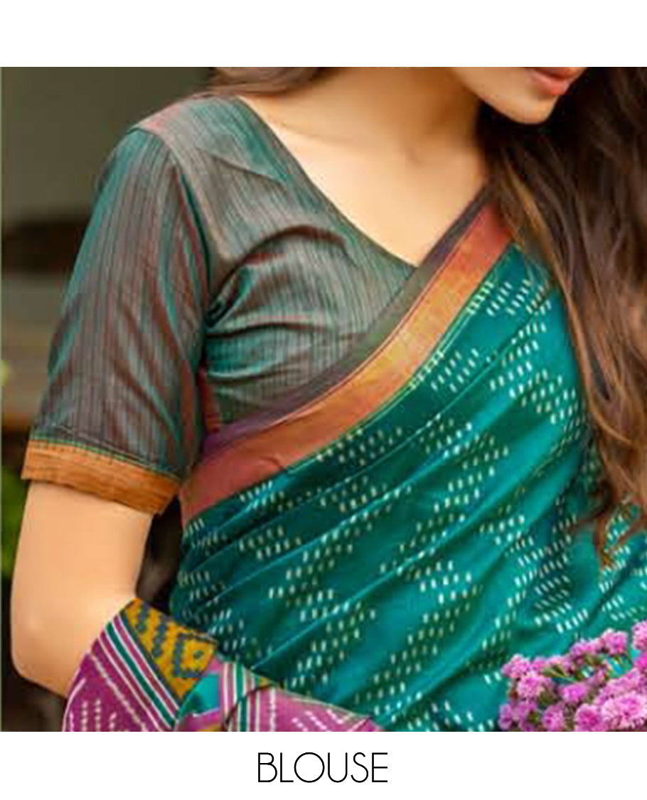Peacock Green Dobby Buttas Fancy Raw-Silk Designer Catalog Saree, a Contrast Geometric Border, a Matching Blouse