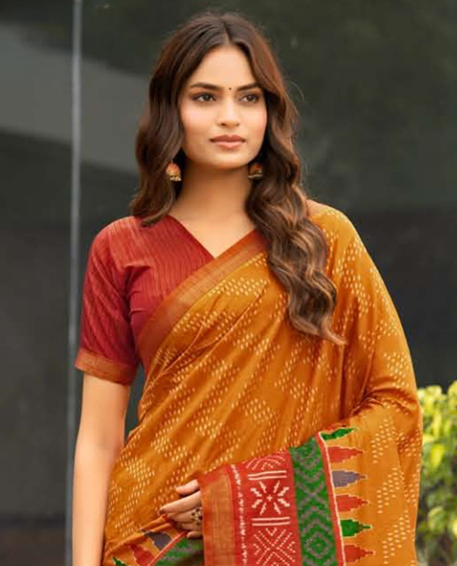 Orange Dobby Buttas Fancy Raw-Silk Designer Catalog Saree, a Contrast Geometric Border, a Contrast Blouse
