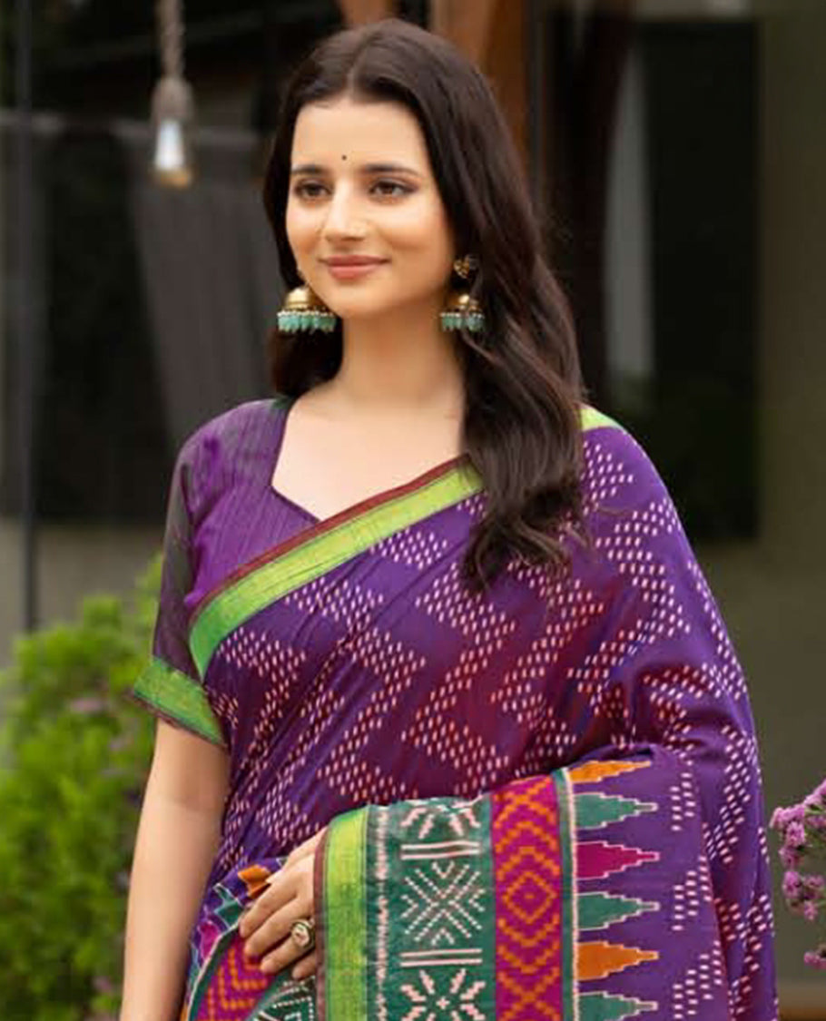 Violet Dobby Buttas Fancy Raw-Silk Designer Catalog Saree, a Contrast Geometric Border, a Matching Blouse