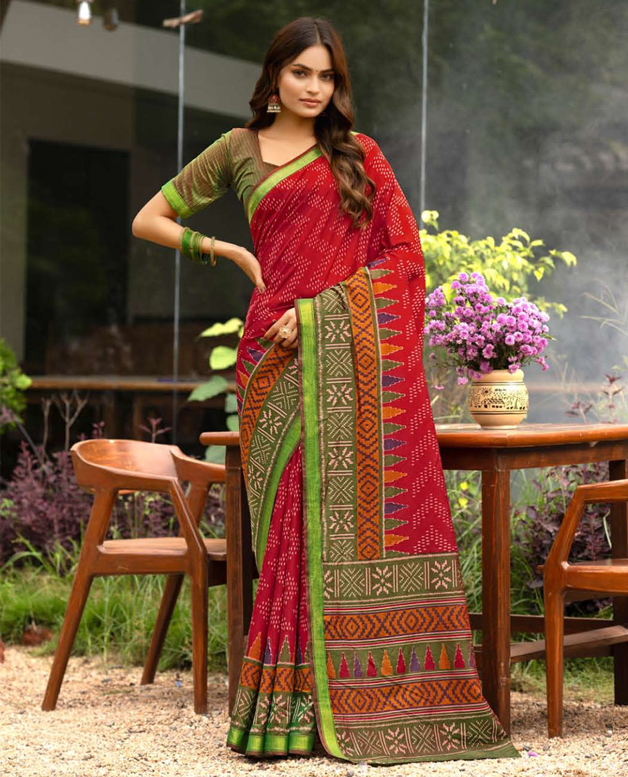 Red Dobby Buttas Fancy Raw-Silk Designer Catalog Saree, a Contrast Geometric Border, a Contrast Blouse