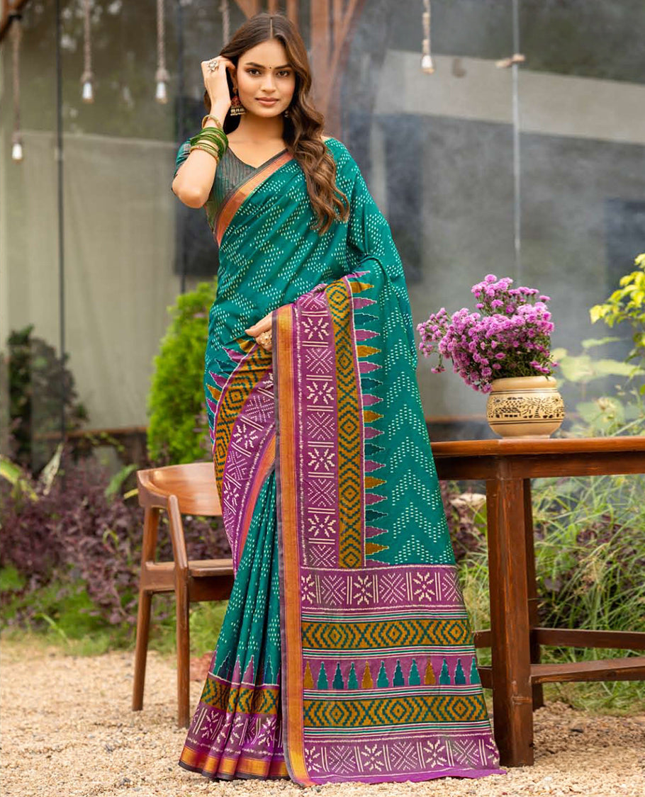 Peacock Green Dobby Buttas Fancy Raw-Silk Designer Catalog Saree, a Contrast Geometric Border, a Matching Blouse