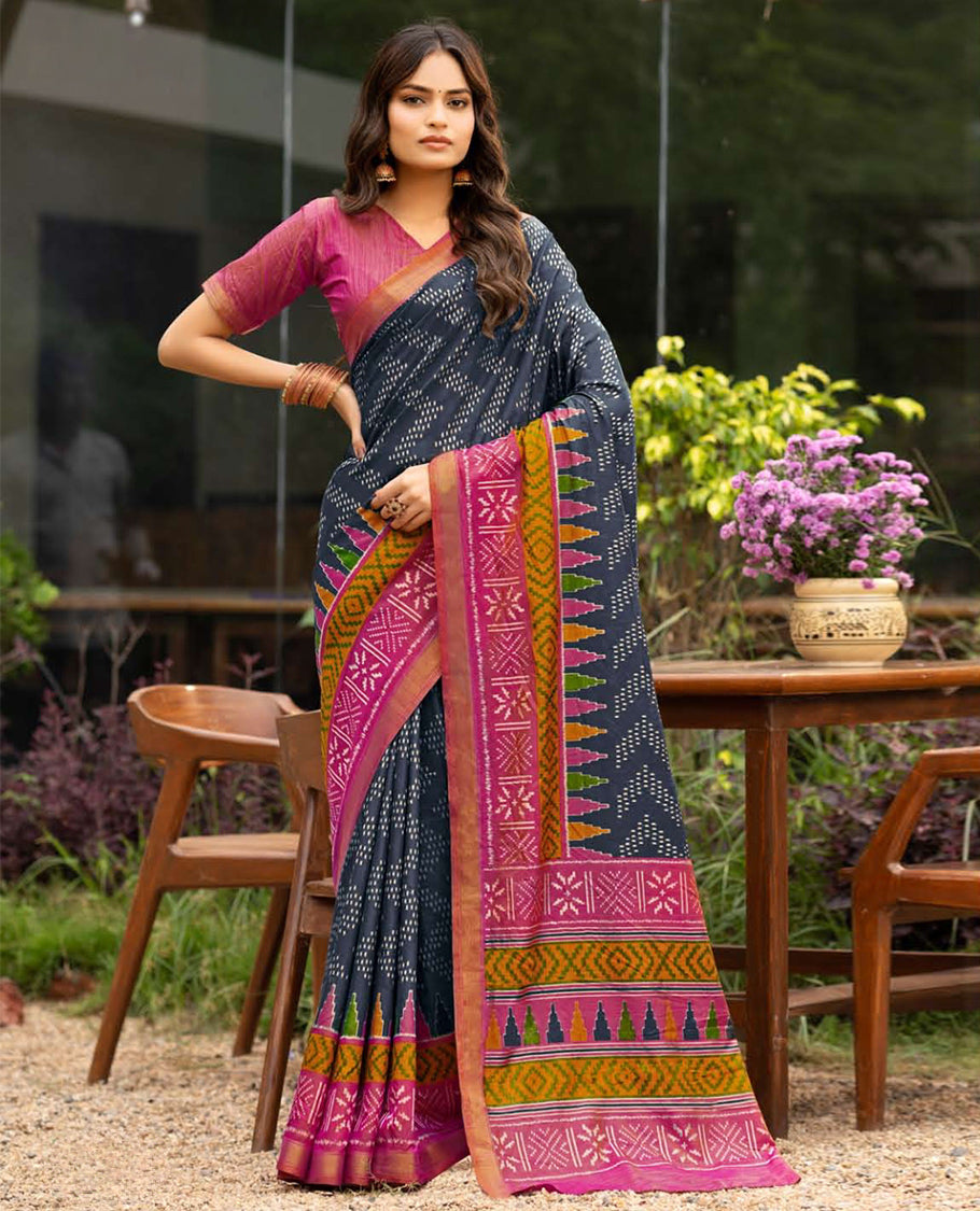 Grey Dobby Buttas Fancy Raw-Silk Designer Catalog Saree, a Contrast Geometric Border, a Contrast Blouse