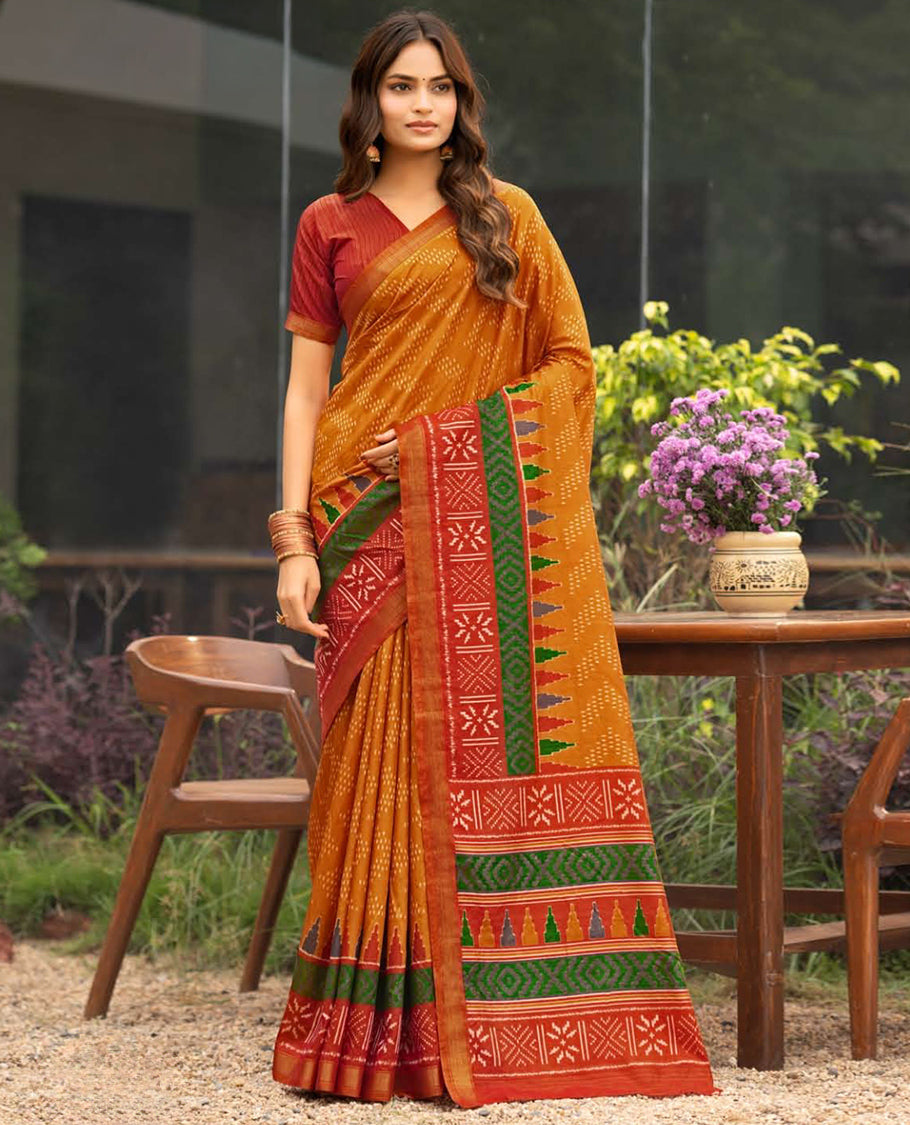 Orange Dobby Buttas Fancy Raw-Silk Designer Catalog Saree, a Contrast Geometric Border, a Contrast Blouse