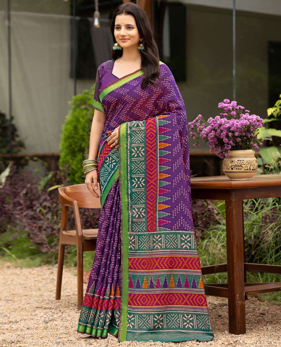 Violet Dobby Buttas Fancy Raw-Silk Designer Catalog Saree, a Contrast Geometric Border, a Matching Blouse
