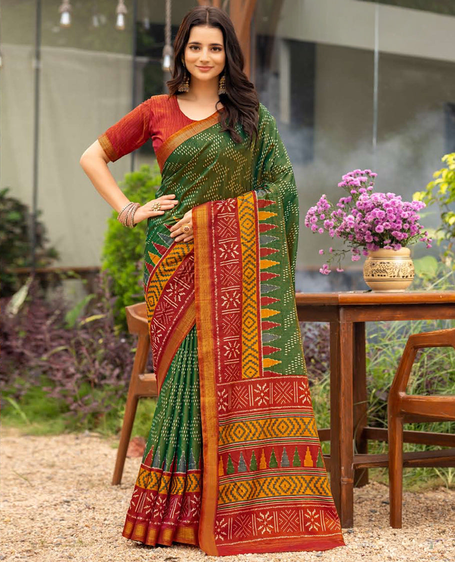 Green Dobby Buttas Fancy Raw-Silk Designer Catalog Saree, a Contrast Geometric Border, a Contrast Blouse