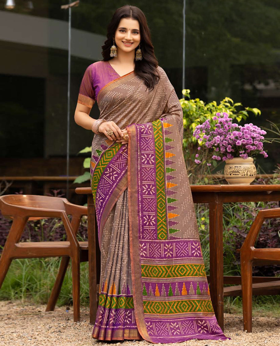 Brown Dobby Buttas Fancy Raw-Silk Designer Catalog Saree, a Contrast Geometric Border, a Contrast Blouse
