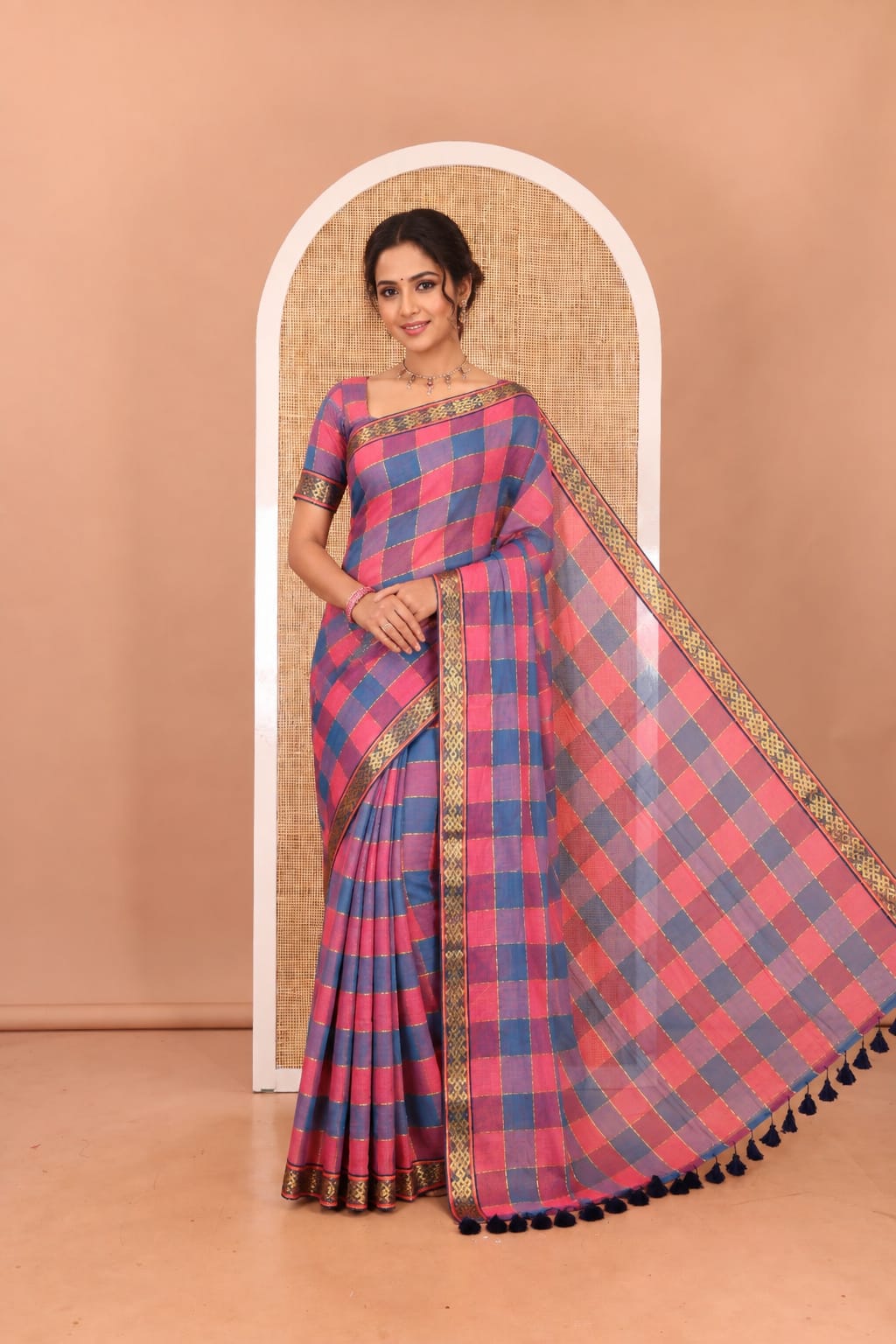 Blue-Pink Checked Khadi Mul Cotton Saree, a Subtle Kolam Zari Buttas Border, a Self-Pallu, and a Matching Blouse