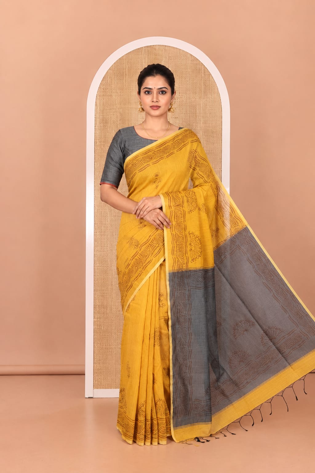 Yellow Khadi Cotton Saree, Decked Up with Flower Motifs, Printed Border, Contrast-Printed Pallu, and a Contrast Blouse