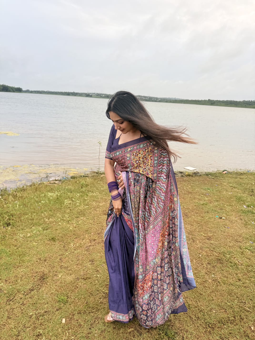 Navy blue-base colorful Mughal-style motifs printed & real mirror embroidery masakali saree, self-border, pallu of print & mirrorwork and matching blouse