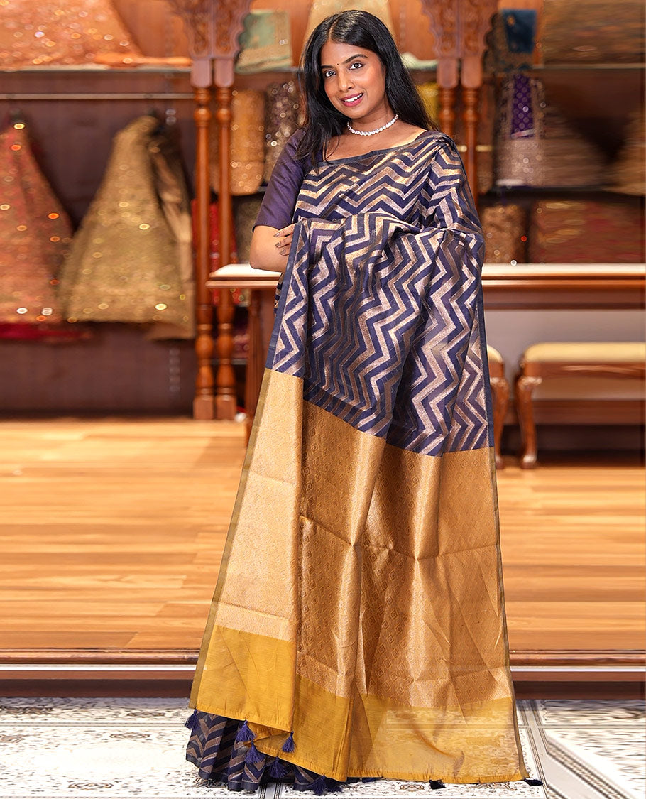 Borderless Blue Chanderi Cotton Saree, Adorned with Chevron Zari Stripes on Its Body, Complemented by Contrast Intricate Jaal Pallu, and Paired with Contrast Blouse