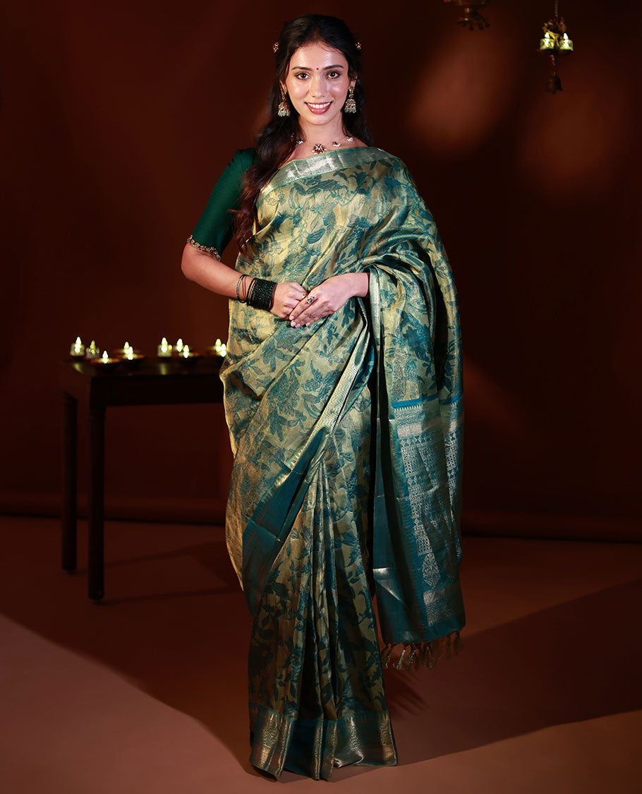 Green floral brocade Kanchipuram silk saree, zari border and pallu steeped with geometric patterns