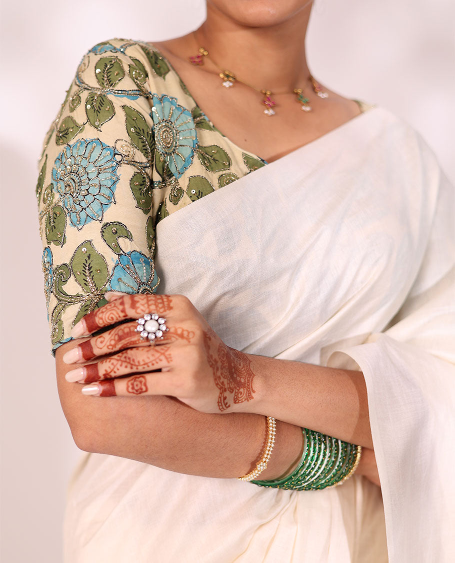 Sandal-base kalamkari floral vine hand-painted & kardana embroidered front & back roundneck elbow sleeve readymade blouse