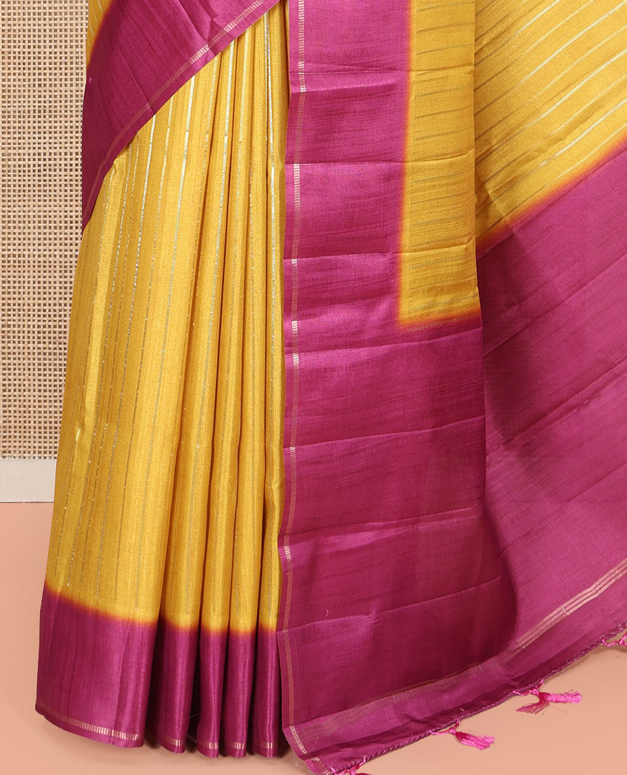 Mustard Fancy Tussar Saree, Highlighted by Vertical Zari Stripes Across Its Body, Complemented by Captivating Contrast Geometric Patterned Border, Subtle Pallu and Paired with a Contrast Blouse
