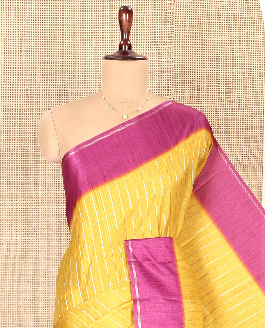 Mustard Fancy Tussar Saree, Highlighted by Vertical Zari Stripes Across Its Body, Complemented by Captivating Contrast Geometric Patterned Border, Subtle Pallu and Paired with a Contrast Blouse