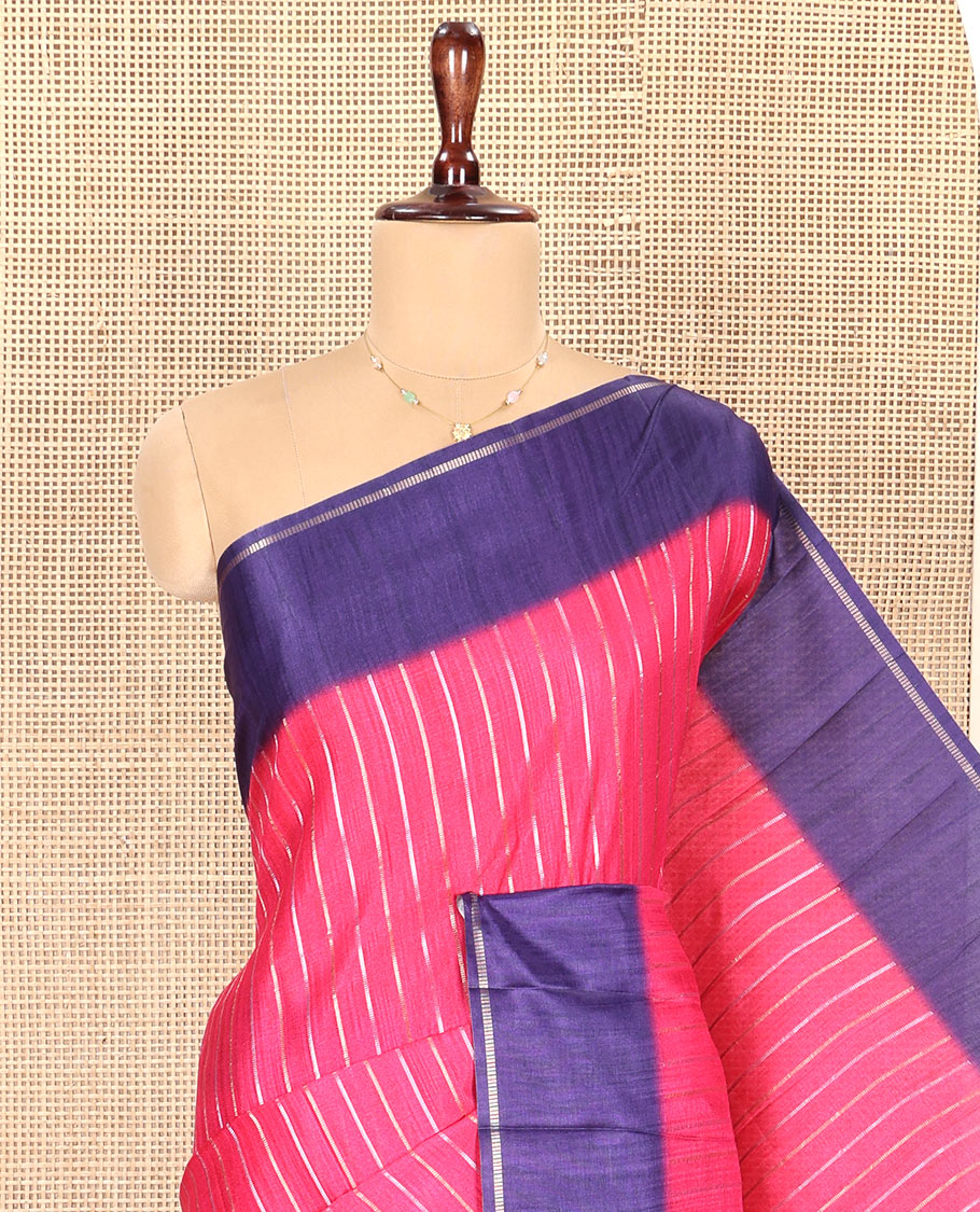 Pink Fancy Tussar Saree, Highlighted by Vertical Zari Stripes Across Its Body, Complemented by Captivating Contrast Geometric Patterned Border, Subtle Pallu and Paired with a Contrast Blouse