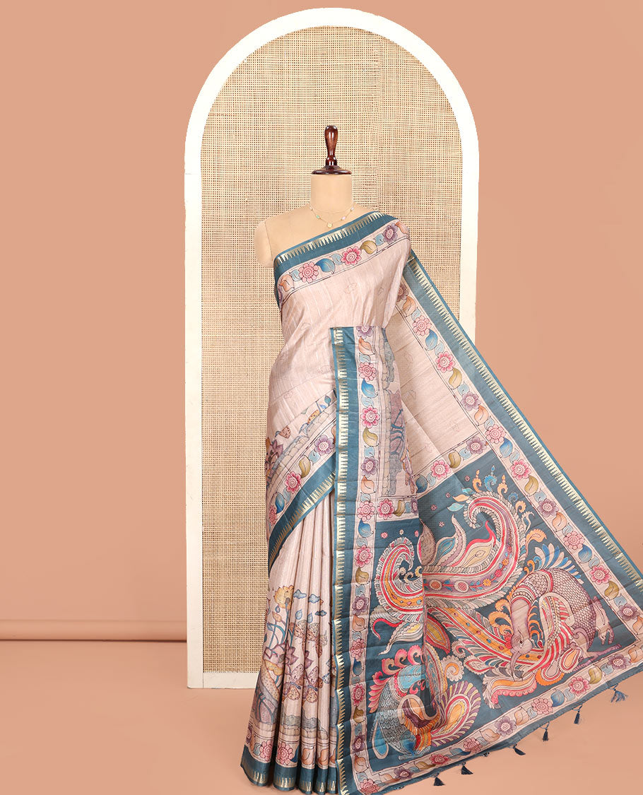 Chikku-Green Fancy Tussar Saree, Artfully Detailed with Kalamkari-Style Floral Print Across Its Body, Complemented by Contrast Temple Zari Border, a Colourfully Kalamkari Printed Pallu, and Paired with a Plain Blouse