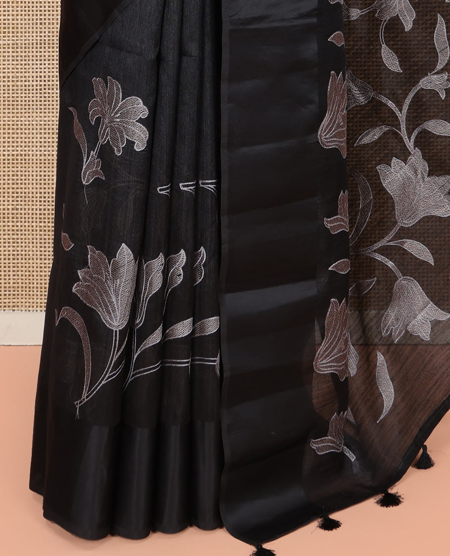 Black Green Silk Saree, Finely Crafted with Floral Vine Cross Stitch Embroidery on Its Body, Subtle Self-Satin Border, Pallu of Floral Vine Cross Stitch Embroidery, and Paired with a Plain Blouse