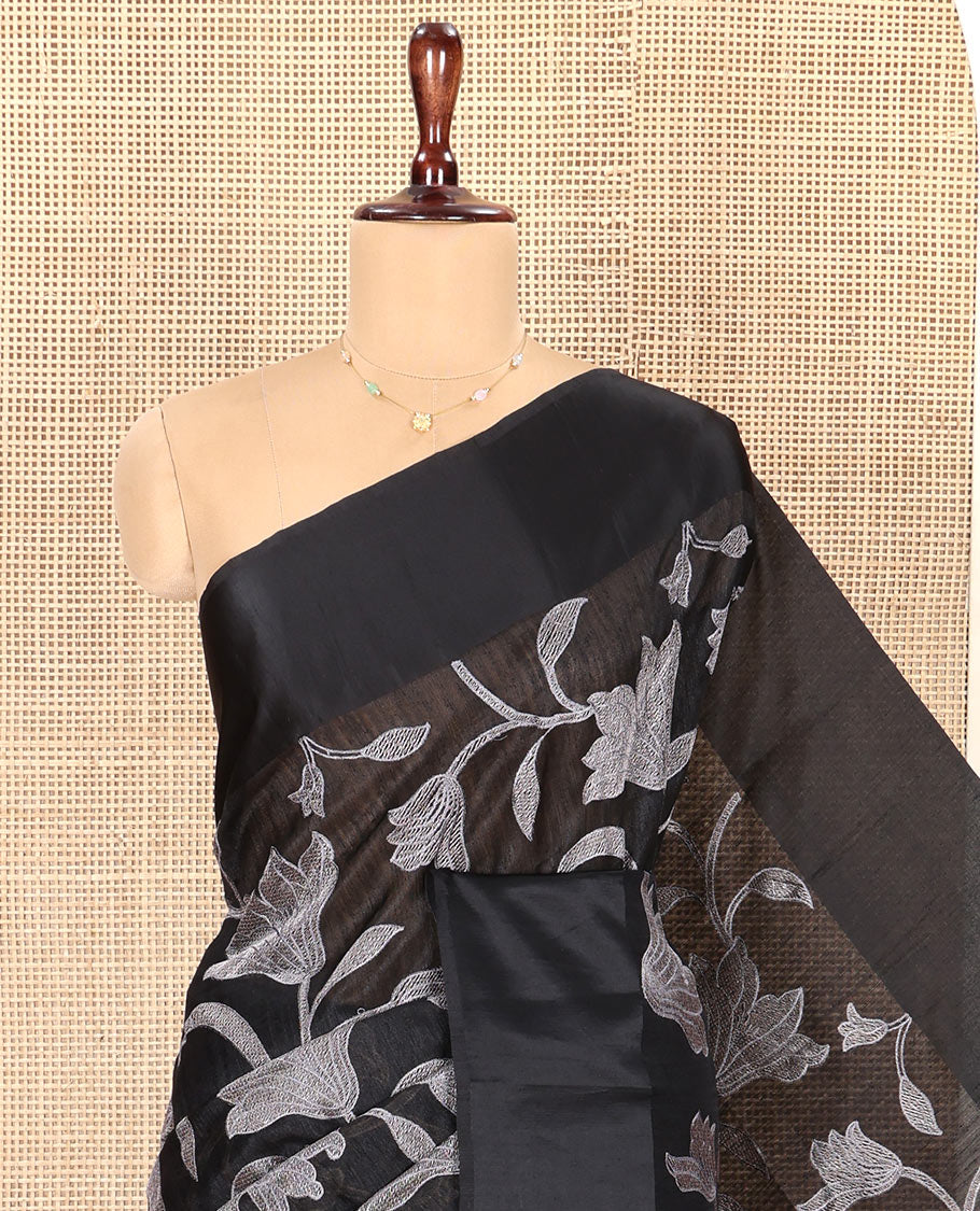 Black Green Silk Saree, Finely Crafted with Floral Vine Cross Stitch Embroidery on Its Body, Subtle Self-Satin Border, Pallu of Floral Vine Cross Stitch Embroidery, and Paired with a Plain Blouse