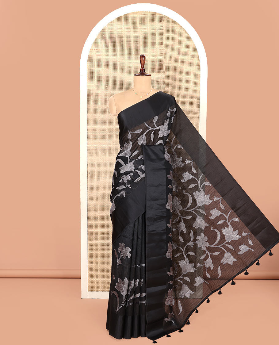 Black Green Silk Saree, Finely Crafted with Floral Vine Cross Stitch Embroidery on Its Body, Subtle Self-Satin Border, Pallu of Floral Vine Cross Stitch Embroidery, and Paired with a Plain Blouse