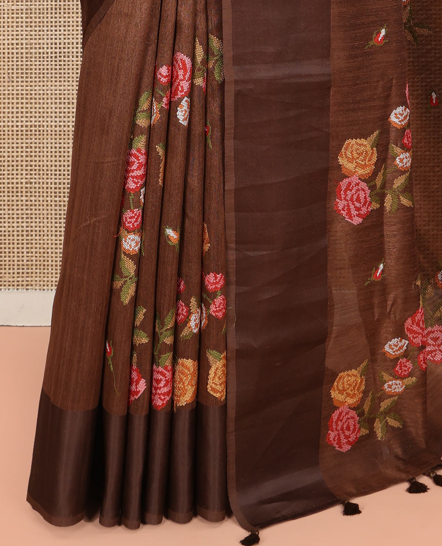 Brown Green-Silk Saree, Colorfully Highlighted with Rose Motifs Cross Stitch Embroidery on Its Body, Subtly Sparkled by a Plain Border, Pallu of Rose Cross Stitch Embroidery, and Paired with a Contrast Blouse