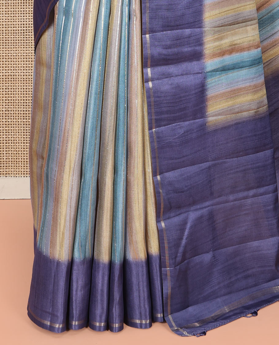 Blue Striped Semi-Tussar Silk Saree, Adorned with Vertical Zari Stripes on Its Body, Subtle Zari Border, a Subtle Pallu, and Paired with a Contrast Striped Blouse