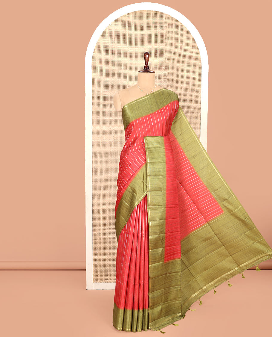 Rust Fancy Tussar Saree, Highlighted by Vertical Zari Stripes Across Its Body, Complemented by Captivating Contrast Geometric Patterned Border, Subtle Pallu and Paired with a Contrast Blouse