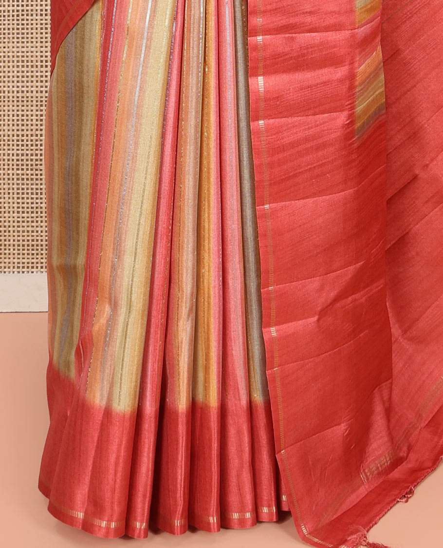 Rust Striped Semi-Tussar Silk Saree, Adorned with Vertical Zari Stripes on Its Body, Subtle Zari Border, a Subtle Pallu, and Paired with a Contrast Striped Blouse