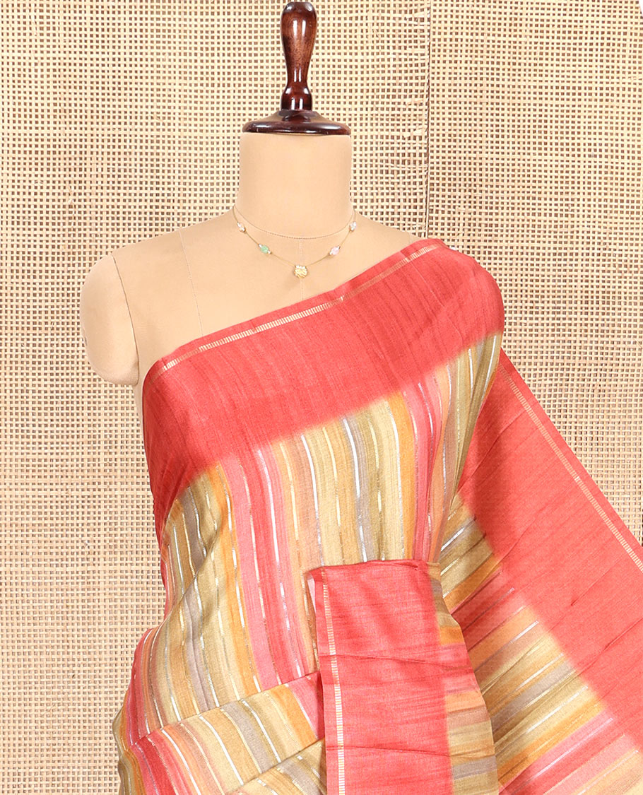 Rust Striped Semi-Tussar Silk Saree, Adorned with Vertical Zari Stripes on Its Body, Subtle Zari Border, a Subtle Pallu, and Paired with a Contrast Striped Blouse