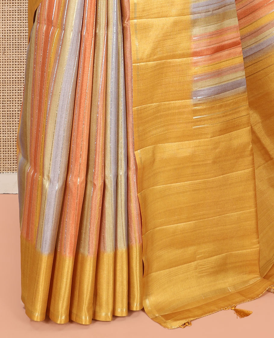 Yellow Striped Semi-Tussar Silk Saree, Adorned with Vertical Zari Stripes on Its Body, Subtle Zari Border, a Subtle Pallu, and Paired with a Contrast Striped Blouse