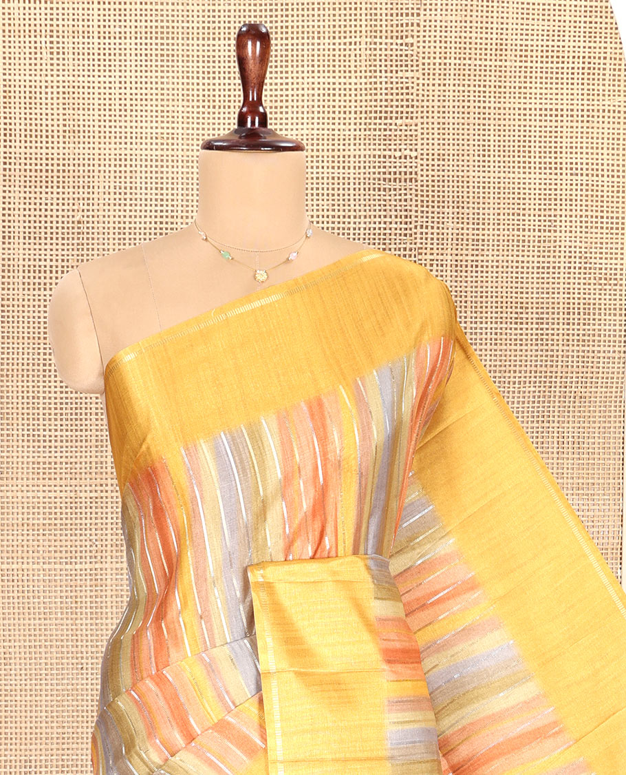 Yellow Striped Semi-Tussar Silk Saree, Adorned with Vertical Zari Stripes on Its Body, Subtle Zari Border, a Subtle Pallu, and Paired with a Contrast Striped Blouse