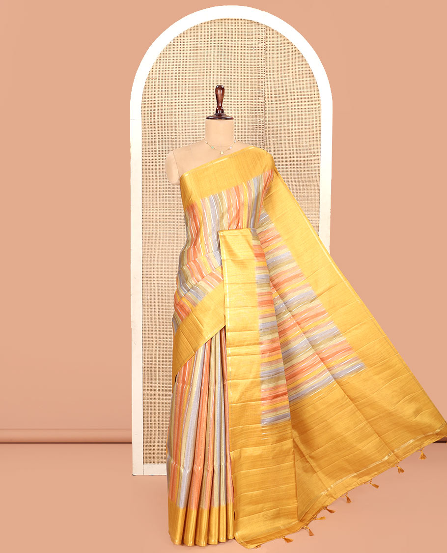 Yellow Striped Semi-Tussar Silk Saree, Adorned with Vertical Zari Stripes on Its Body, Subtle Zari Border, a Subtle Pallu, and Paired with a Contrast Striped Blouse