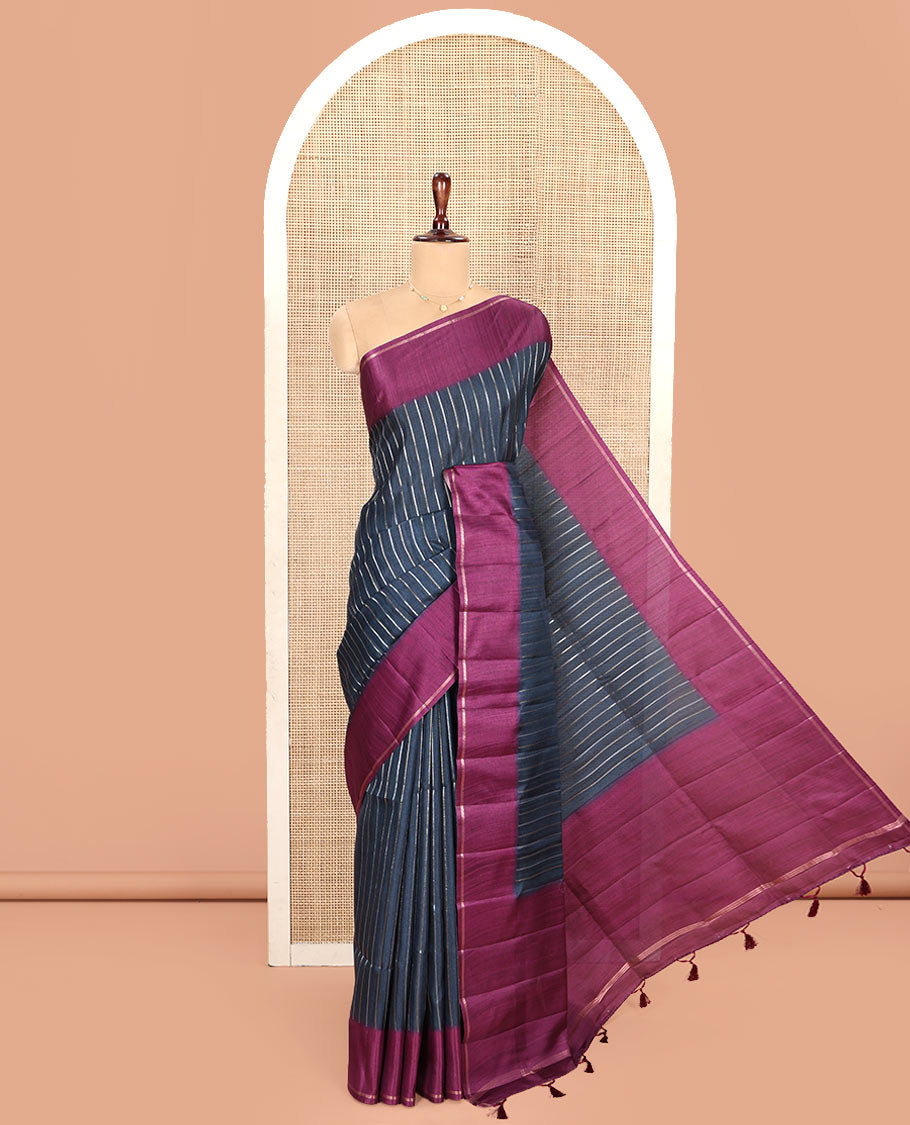 Grey Fancy Tussar Saree, Highlighted by Vertical Zari Stripes Across Its Body, Complemented by Captivating Contrast Geometric Patterned Border, Subtle Pallu and Paired with a Contrast Blouse