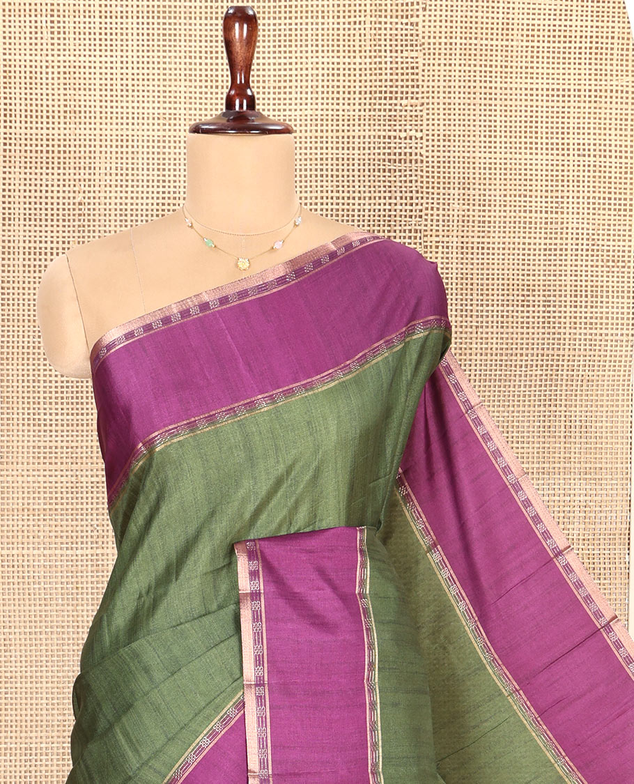 Mehendi Green Plain Semi-Tussar Silk Saree, Complemented by a Contrast Geometric Design Border, Subtly Zari Striped Pallu, and Paired with a Contrast Patola Printed Blouse