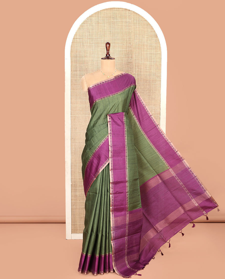 Mehendi Green Plain Semi-Tussar Silk Saree, Complemented by a Contrast Geometric Design Border, Subtly Zari Striped Pallu, and Paired with a Contrast Patola Printed Blouse
