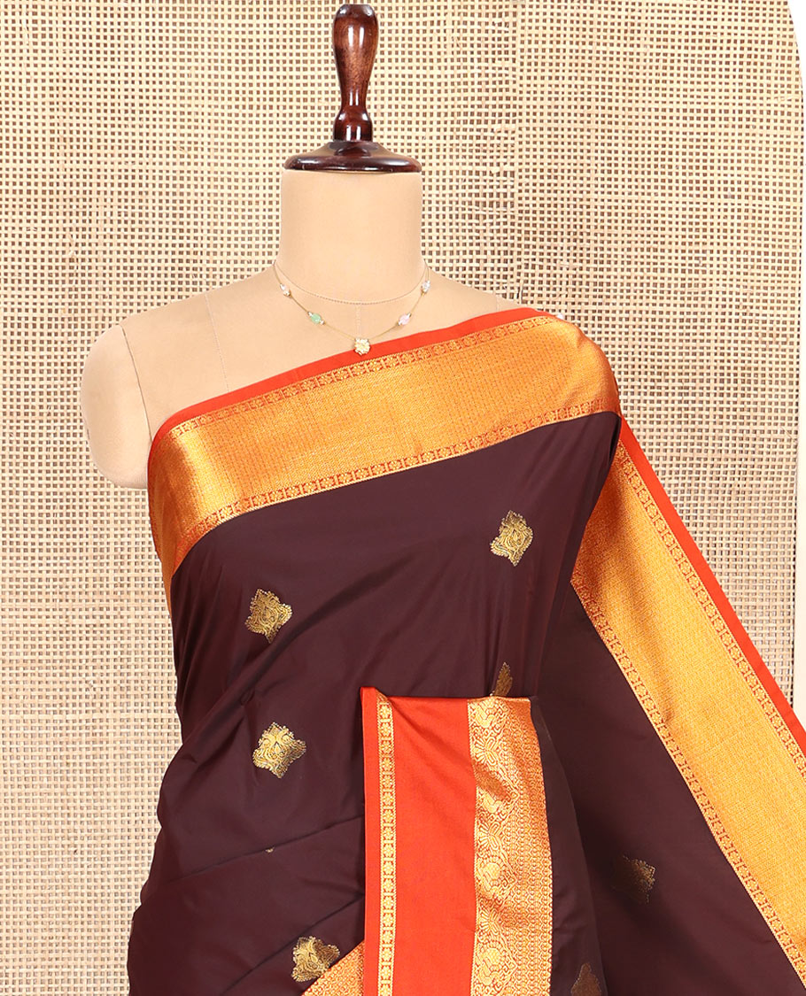 Brown Budget Silk Saree, Enriched with Zari Buttas on Its Body, Complemented by a Contrast Traditional Zari Design Rettai Pettu Border, Majestically Detailed Pallu, and Paired with a Contrast Blouse