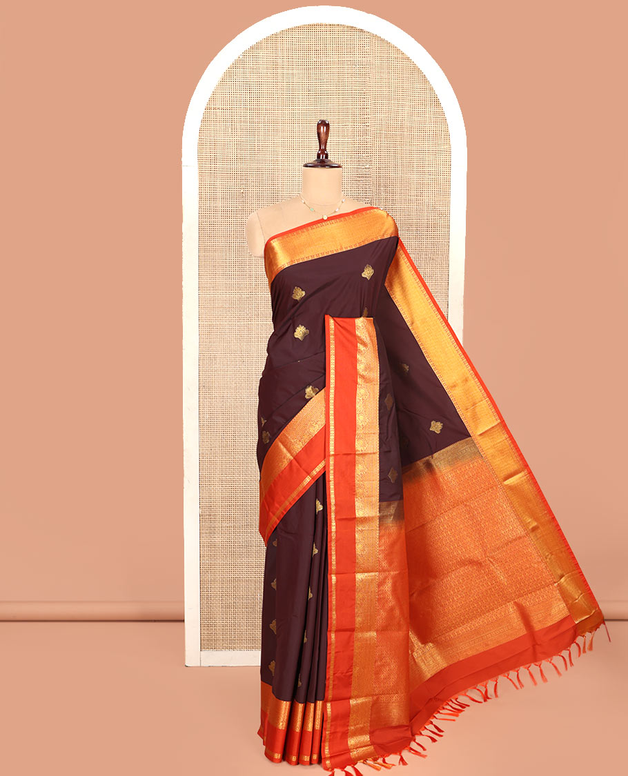 Brown Budget Silk Saree, Enriched with Zari Buttas on Its Body, Complemented by a Contrast Traditional Zari Design Rettai Pettu Border, Majestically Detailed Pallu, and Paired with a Contrast Blouse
