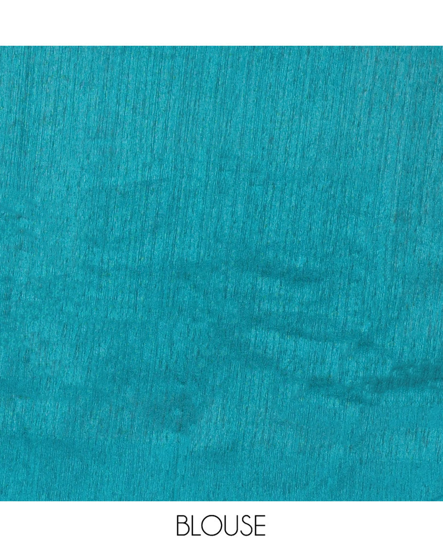 Rama Blue Green-Silk Saree, Colorfully Highlighted with Rose Motifs Cross Stitch Embroidery on Its Body, Subtly Sparkled by a Plain Border, Pallu of Rose Cross Stitch Embroidery, and Paired with a Contrast Blouse