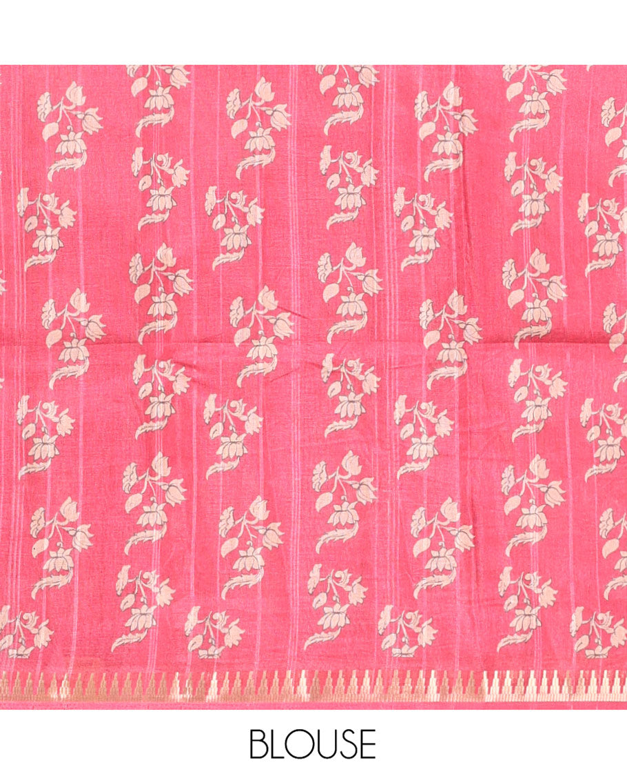 Orange Semi-Tussar Silk Saree, Artfully Detailed with Kalamkari-Style Human Motifs Printed on Its Body, Complemented by a Contrast Temple Zari Border, Creatively Kalamkari Printed Pallu, and Paired with a Contrast Blouse
