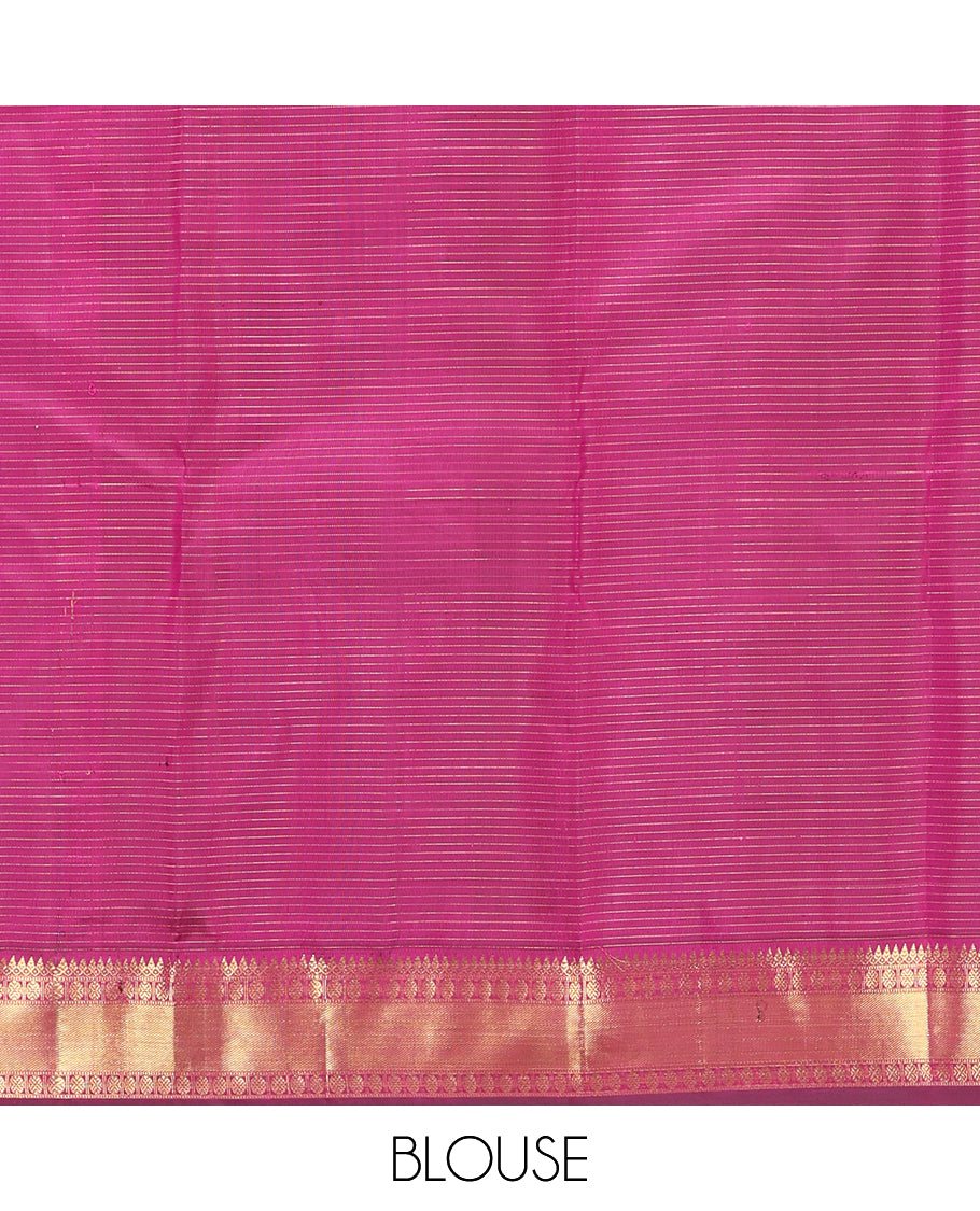 Purple Samudrika Silk Saree Enthralled with Vaira Oosi Stripes and Annam Chakram Zari Buttas, Complemented by a Zari Border of Thilakam Mokku, Muthu, Rudraksham, and Zari Stripes, Subtly Zari-Woven Pallu, and Paired with a Matching Blouse