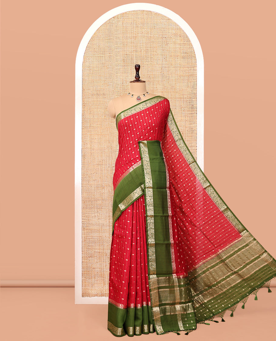 Red Assam Silk Saree, Dazzled with Zari Stripes, Complemented Contrast by a Traditional Zari Border, Striped Pallu, and a Contrast Blouse