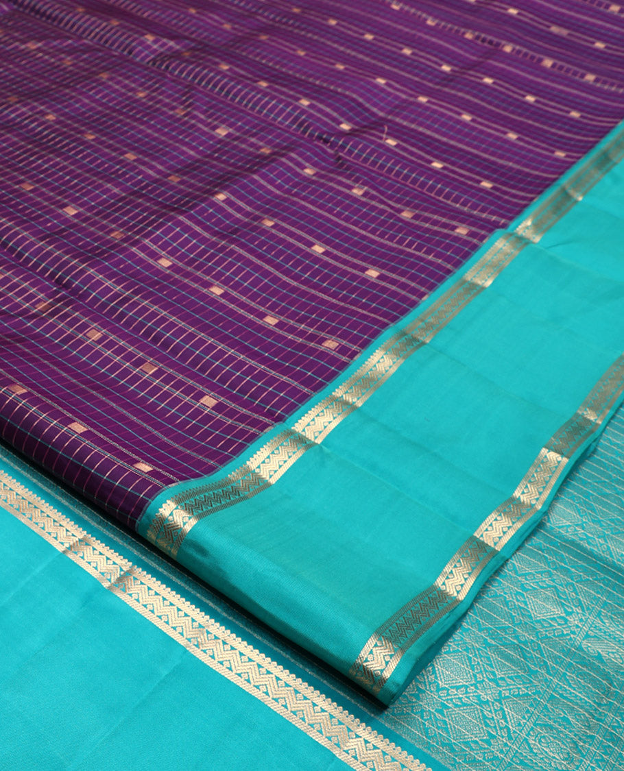 Magenta-Sapphire Blue Vasundhara Silk Saree Features Zari Butta and Checks, Contrast Rettai Pettu Border, Jaal Pallu, and a Contrast Blouse