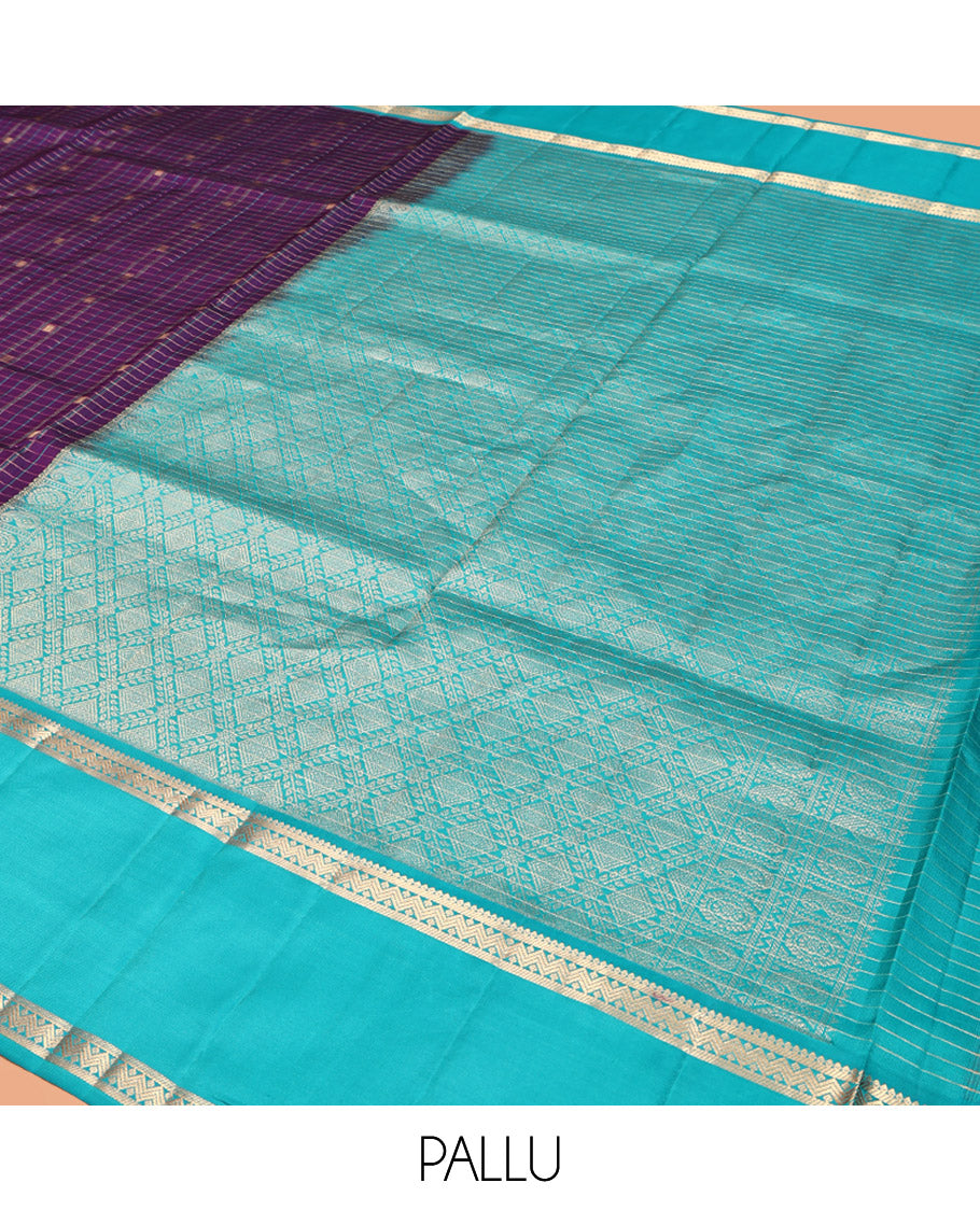 Magenta-Sapphire Blue Vasundhara Silk Saree Features Zari Butta and Checks, Contrast Rettai Pettu Border, Jaal Pallu, and a Contrast Blouse
