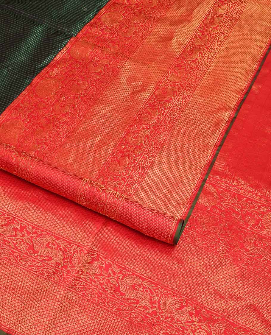 Green striped, floral design kancheepuram silk saree with contrast thilakam mokku, banaras, mayil design & zari design pallu