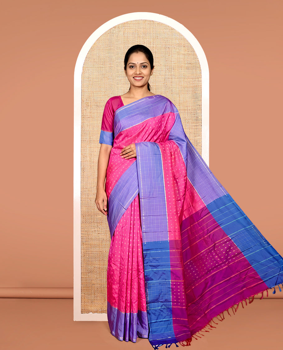Pink Aarani Silk Saree, Woven with Buttas on Its Body, Complemented by a Contrast Checked Border, Pallu of Stripes and Buttas, and Paired with a Matching Blouse